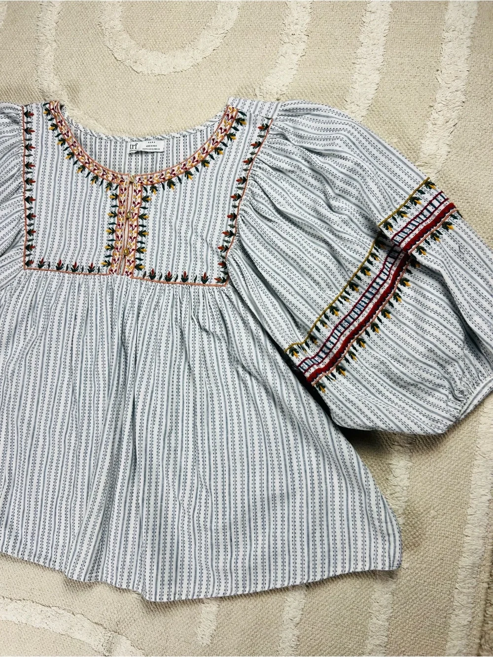 Zara TRF Embroidered Striped Peasant Blouse – Boho Blue & White – XL